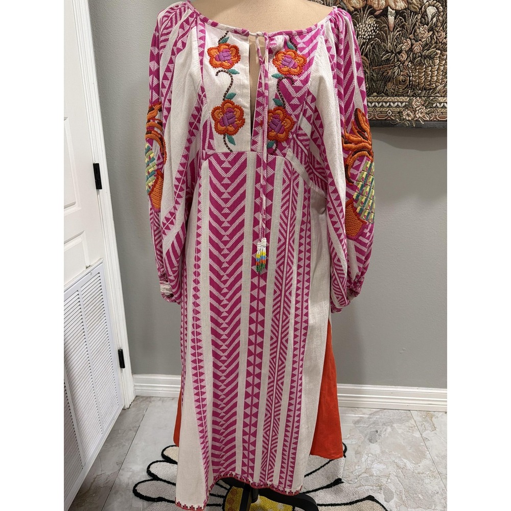 Farm Rio Dress Womens Medium Pink Striped Embroidered Kaftan Maxi Boho